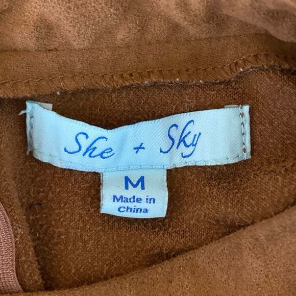 She + sky Brown Faux Suede Sleeveless Cut-out Mock Neck Back Zip Mini Dress Sz M - Picture 5 of 6